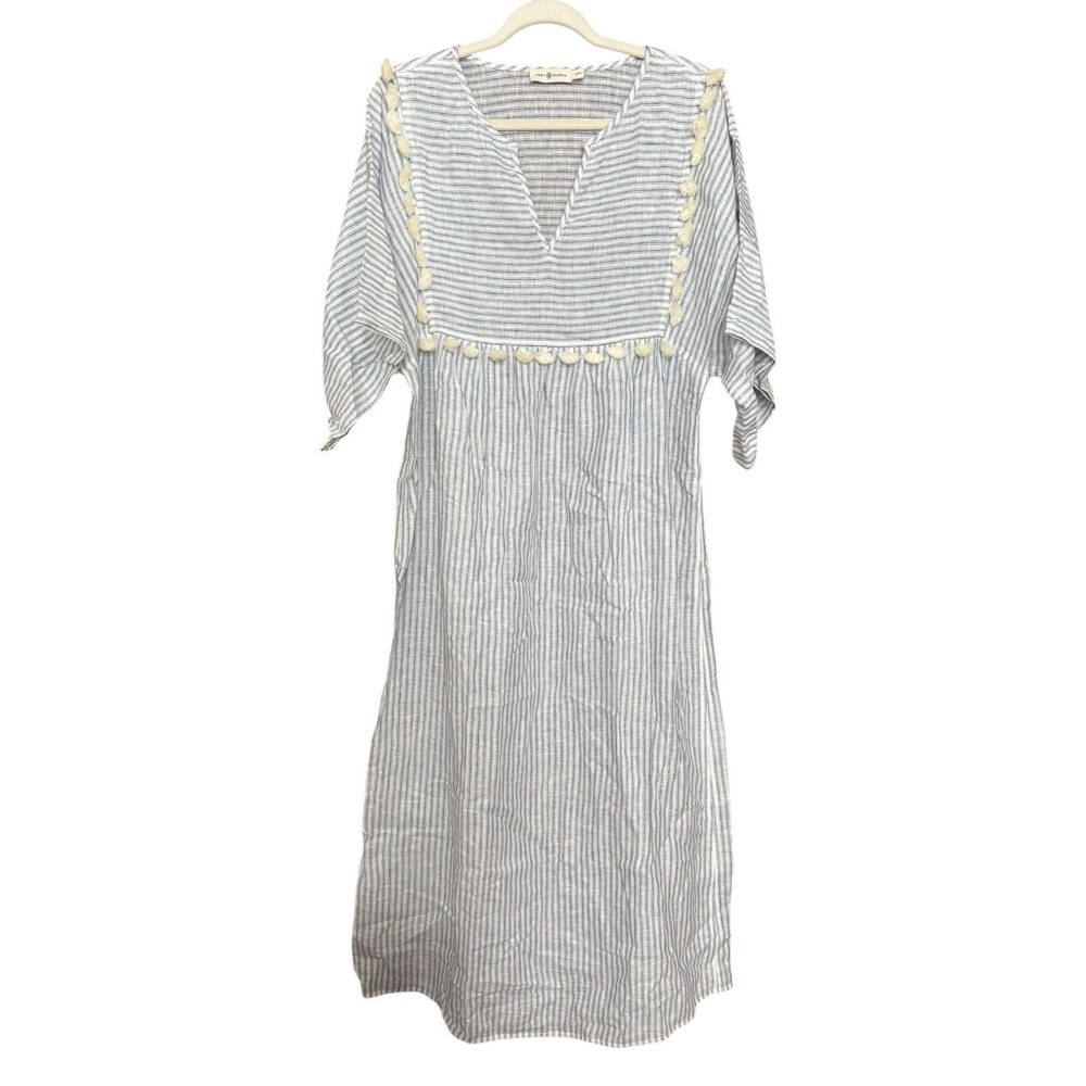Tory Burch Stripe Midi Caftan Dress Ivory/Blue Stripes Women's Size XS